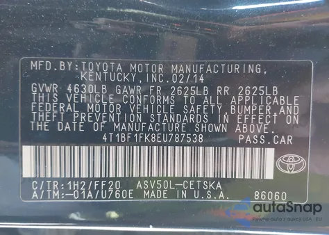 2014 Toyota Camry Se z USA, uszkodzony, nr VIN 4T1BF1FK8EU787538